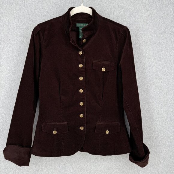 Ralph Lauren Womens Corduroy Button Up Jacket Size M Brown Equestrian Gold Crest - Picture 1 of 14
